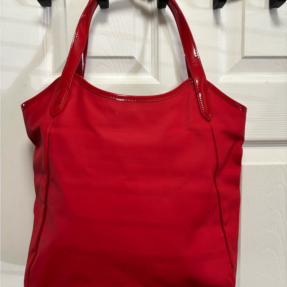 Tory Burch Red Dipped Canvas Stacked Logo Tote Has Minor Cleaning Callouts GUC - Picture 7 of 16